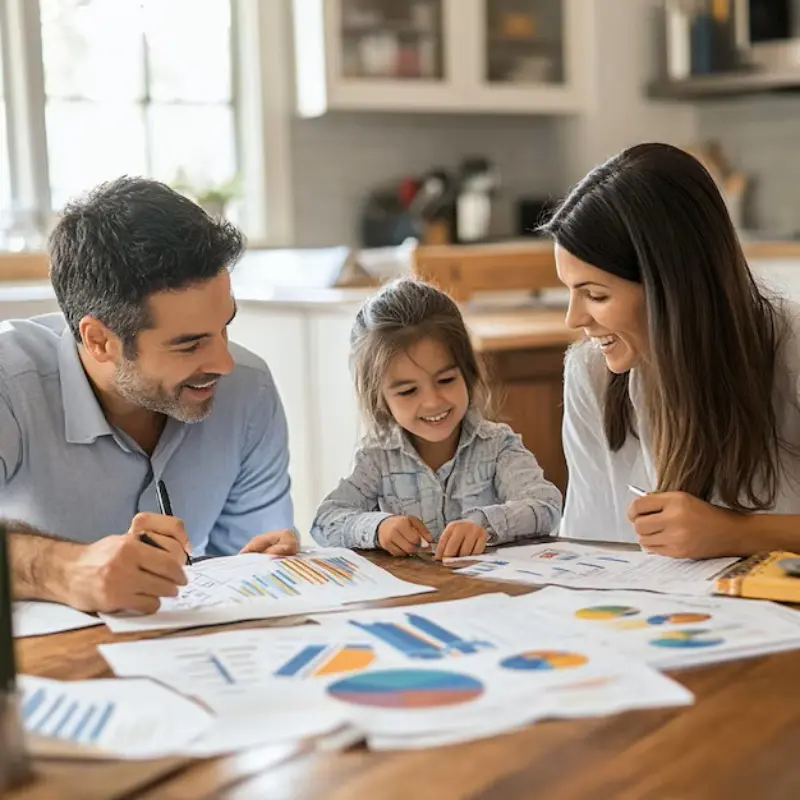 Family discussing their monthly budget plan at the kitchen table