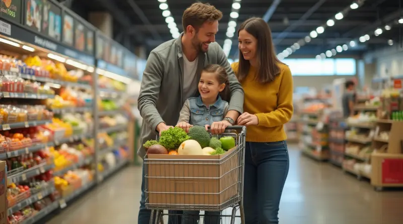 Family enjoying a budget-friendly grocery shopping trip