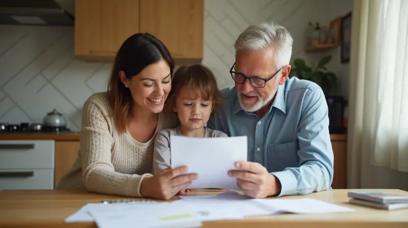 Family reviewing their monthly budget together at kitchen table, taking steps to stop living paycheck to paycheck